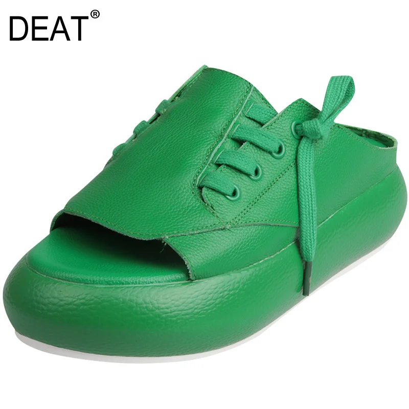 

[DEAT] 2019New Spring Summer Round Toe Shallow Pu Leather Bandage Casual Outside Wedges Heels Slippers Women Fashion Tide 10A015