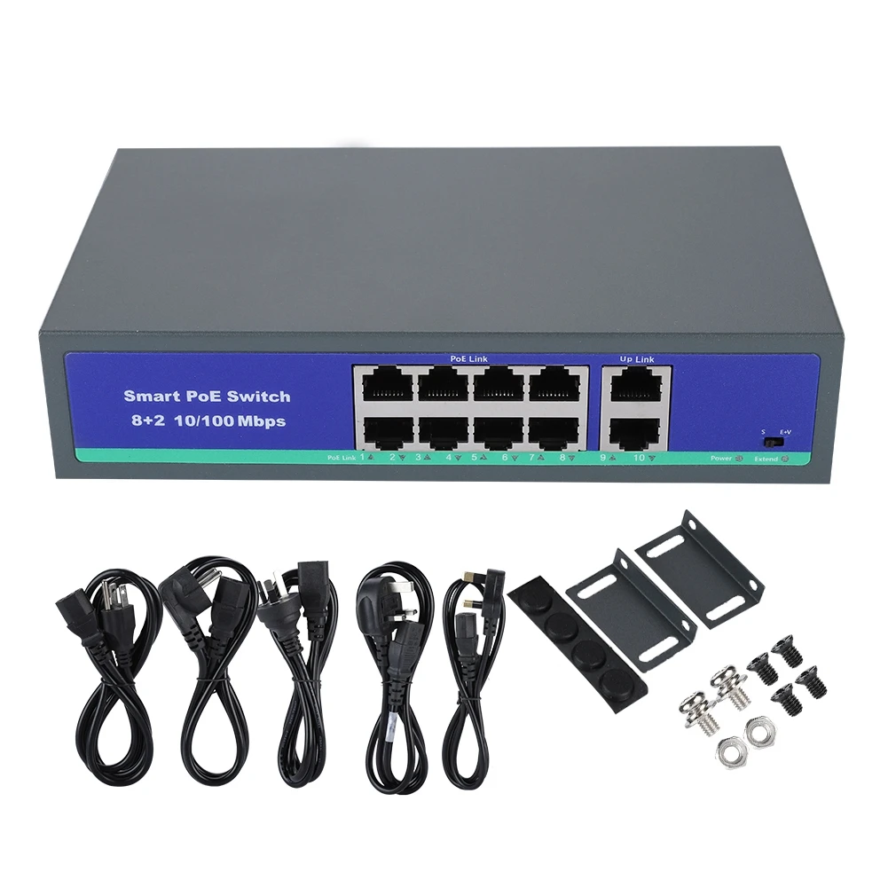 

110-240V 8+2 100M POE Metal Case VLAN Ethernet Switch Built-in Power Supply US UK EU AU plug 2019 New