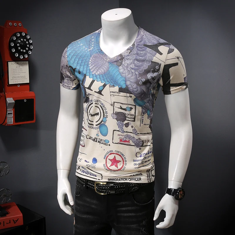 

2019 Korean New Print T Shirt Man Club Party Homme Baroque Pantalon Moda Hombre Camiseta Hombre Manga Corta Ice Silk Short Tee