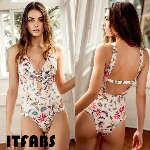 

Women Deep V neck Bandage Push-Up Padded Floral Swimwear Swimsuit One-Piece Bathing Suit Swimming Suit