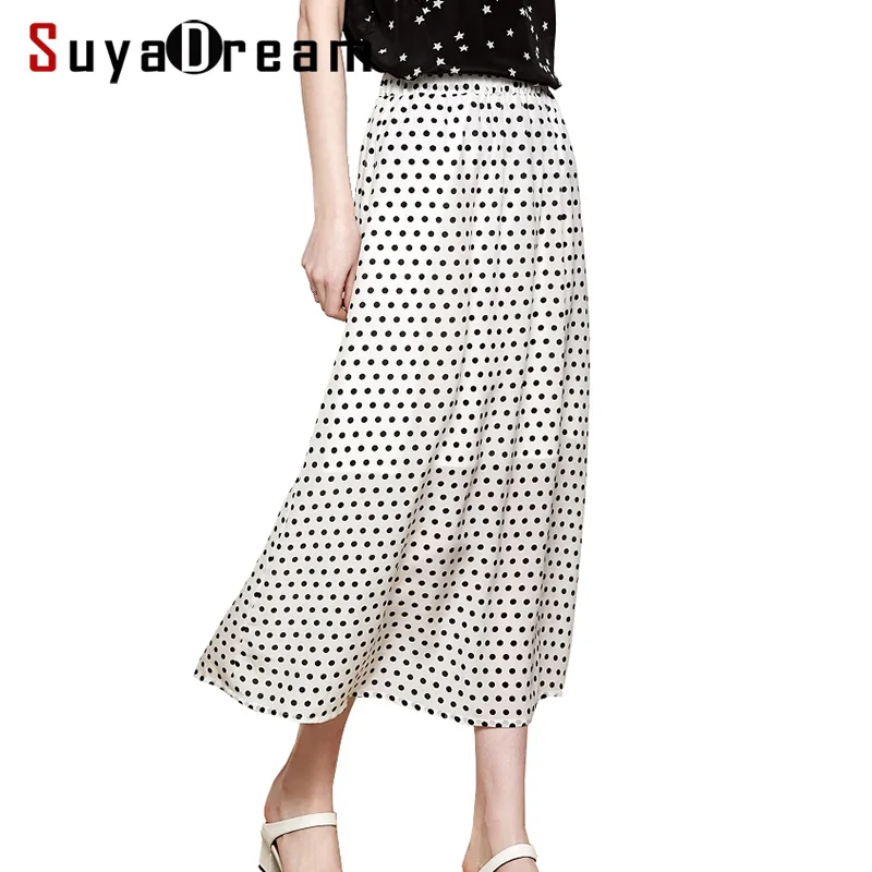 Women Skirt 100%Real Silk Crepe Dots Printed Skirt for Women A-Line Long Skirts Mid-Calf Length 2019 New Spring White skirt Women Skirt 100%Real Silk Crepe Dots Printed Skirt for Women A-Line Long Skirts Mid-Calf Length 2019 New Spring White skirt