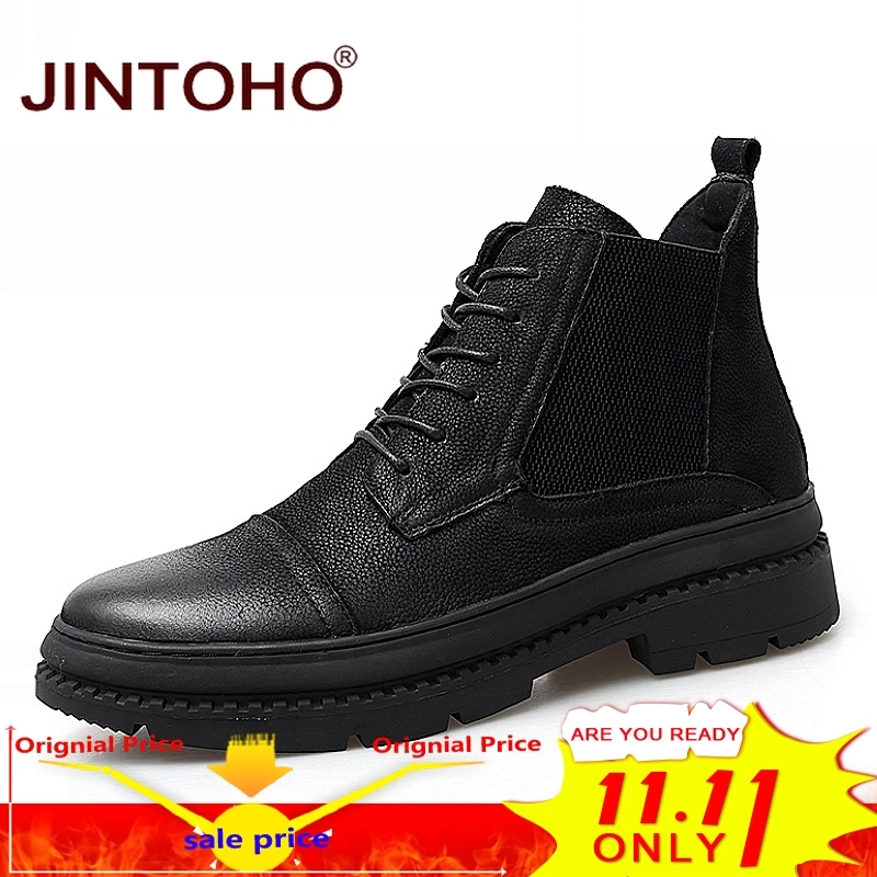 

JINTOHO Winter Men Motorcycle Boots Fashion Men Genuine Leather Shoes Winter Ankle Leather Boots Male Work Boots Motocycle Boots