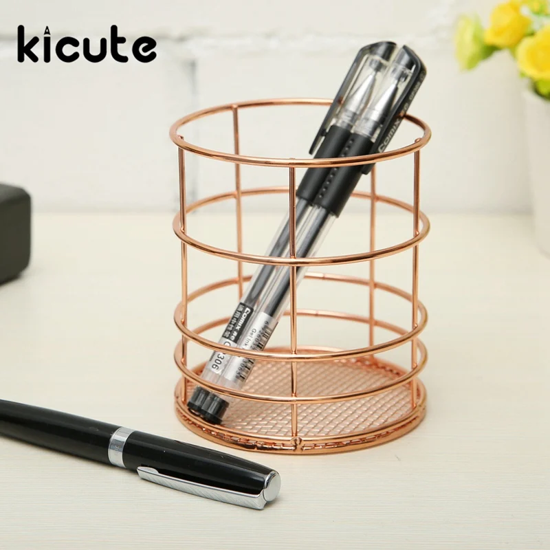 

Kicute 1pcs Simple Fashion Rose Gold Round Iron Net Pen Holder Desk Accessories School and Office Stationery Supplies Gifts