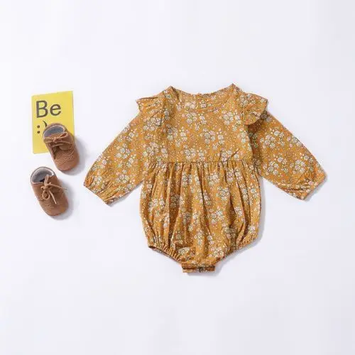 Винтажная одежда для новорожденных девочек с цветочным принтом; комбинезон с длинными рукавами; Осенняя новая одежда для маленьких девочек
