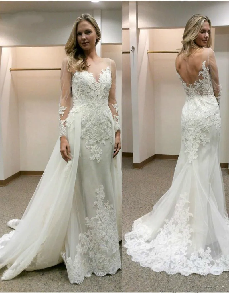 Mermaid Afneembare Rok Lange Mouw Kant Sexy Vintage Elegante Trouwjurken 2019 Nieuwe Mode Bruidsjurken Custom Made Mermaid Afneembare Rok Lange Mouw Kant Sexy Vintage Elegante Trouwjurken 2019 Nieuwe Mode Bruidsjurken Custom Made
