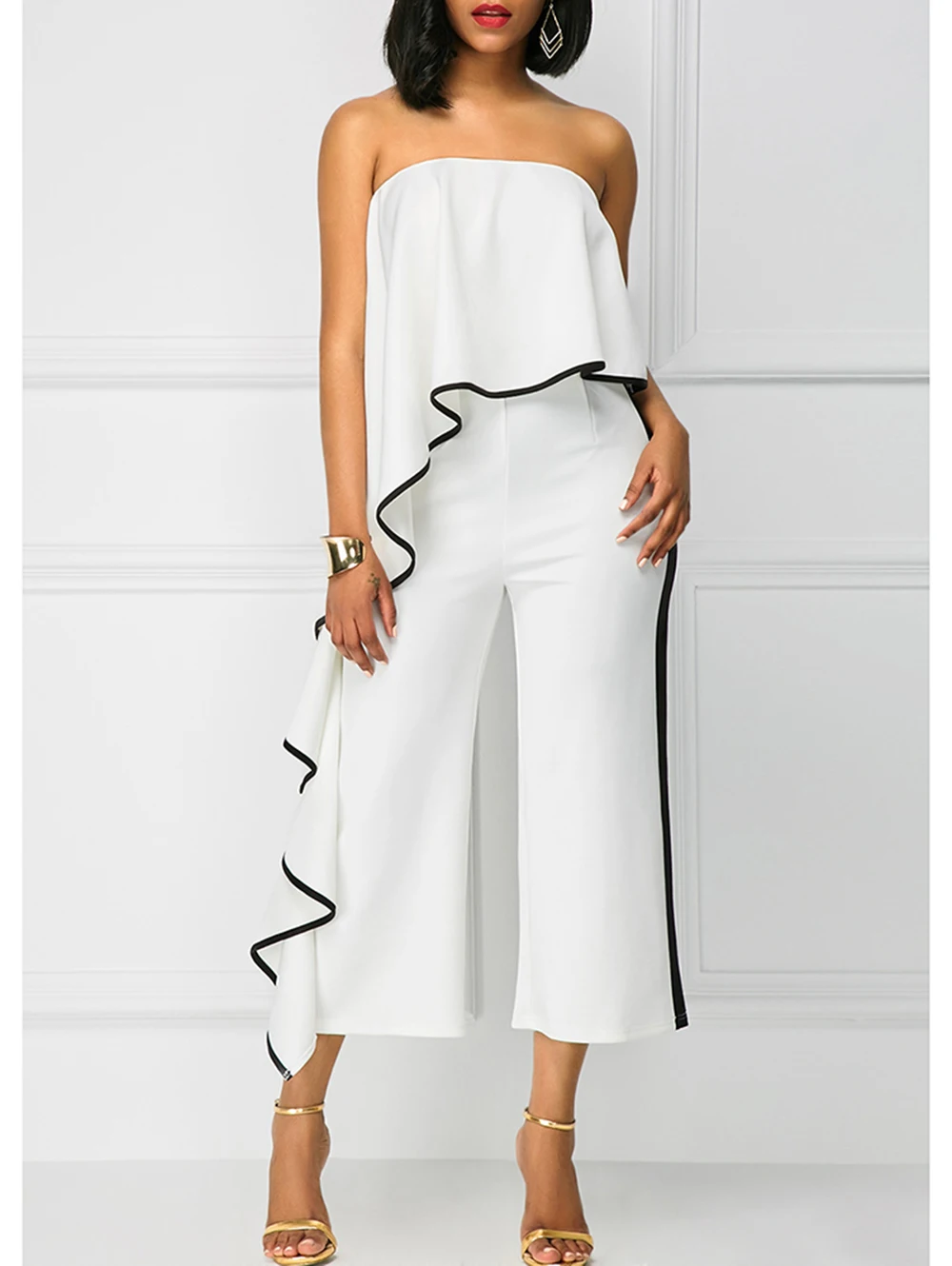 

Wipalo Women Summer Sexy Strapless Ruffles Trim Casual Solid Jumpsuit Sleeveless Conjoined Trousers And Droad Leg Pants Romper