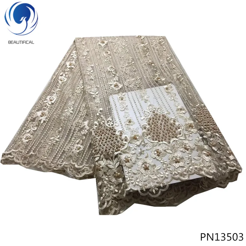

BEAUTIFICAL india lace fabric net lace fabric pearl designer lace fabric with lots beads for wedding dresses decoration PN135