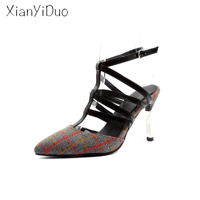

xianyiduo 2019 new party Summer plaid boots Women's Shoes Sandals high Heel thin fashion big size 34-48 Back Strap / 88-60