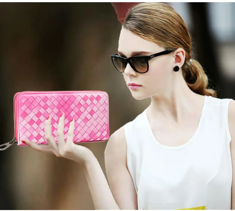 

Sheepskin Hand-Woven Wallet Female Brand Ladies Long Zipper Wholesale Explosion Models Source Treasure Clutch Bag Tide