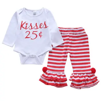 

Newborn Baby Girls Tops Long Sleeve Bodysuit Ruffles+Striped Flare Pants Outfit Clothes Set