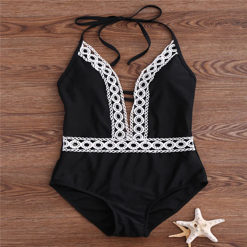 

Summer Women One-Piece Lace Side New Swimsuit Halter Bandage Lace up Bikini Push-up Padded Backless Bathing Swimwear
