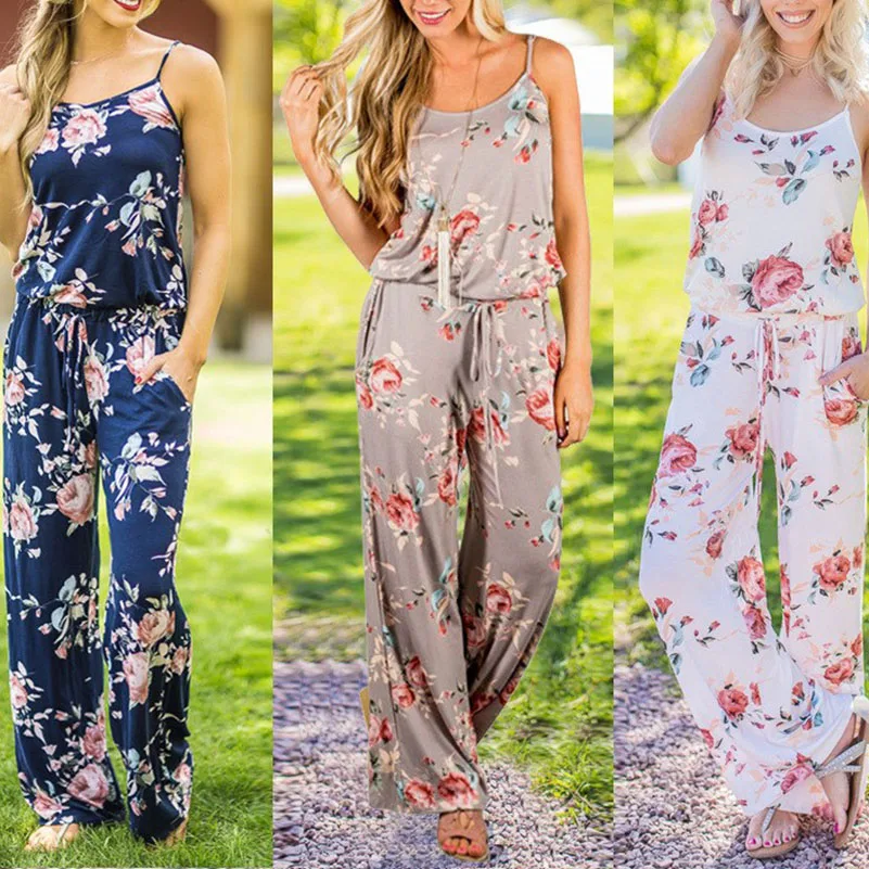 

Women Romper Jumpsuits Loose Casual Summer Speghetti Strap Sleeveless Backless Sexy Plus Size Playsuits Overalls Lace Up Floral