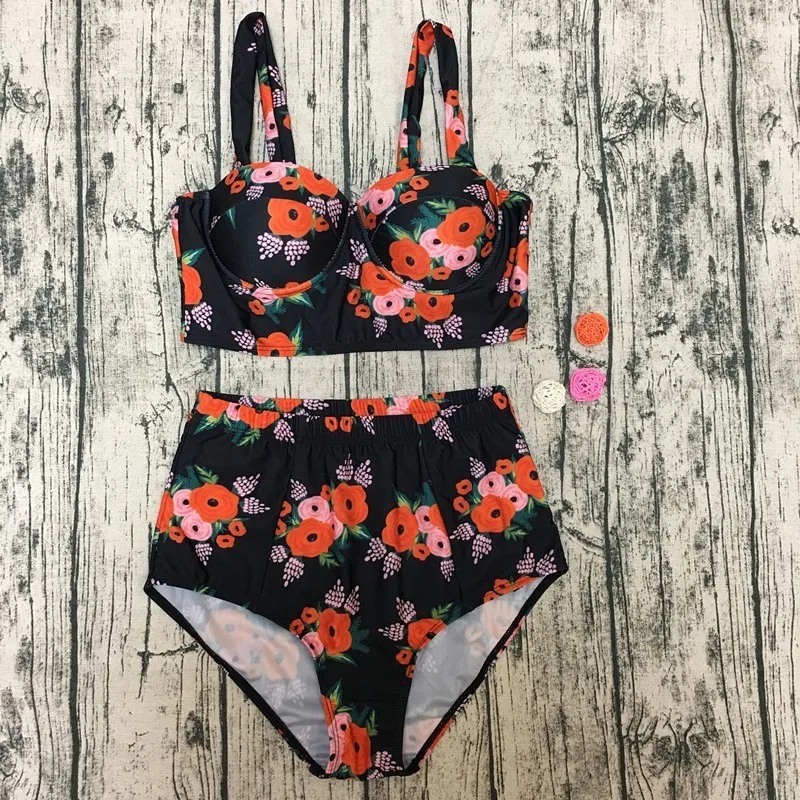 

Retro Print Floral Swimsuit Women High Waist Two Piece Bikini Set Padded Push Up Swimsuit Summer Female Swimming Suit Swim Suits
