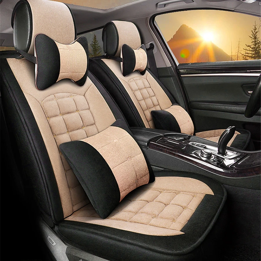 

1 set Car Seat Covers Plush Cushion Cover For Car Seat Protector Winter Warm Beige and Black