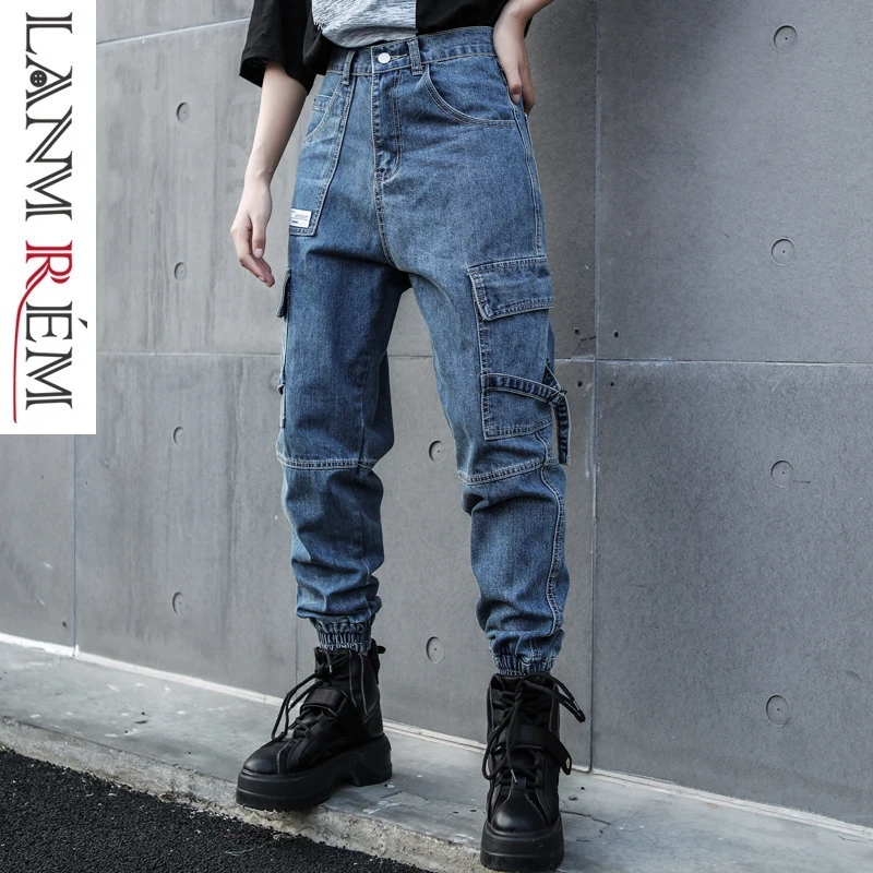 

LANMREM More Pocket Jeans 2019 Spring Summer Cargo Pants For Women Irregular Personality Split Joint Slender Trousers YH12405