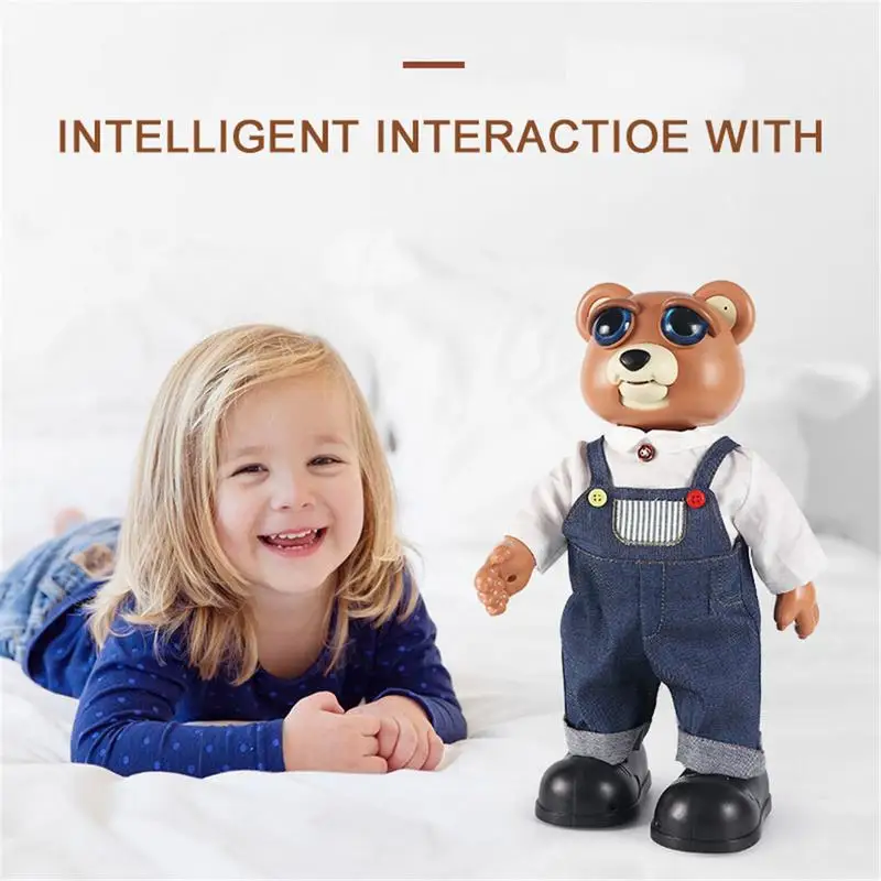 

Remote Control bear doll Intelligent Changeable Face bear toy for Kids Walking Swing Up Down Eyebrows Voice-controlled Toy