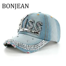 BONJEAN, бейсболка для женщин,, шапка с буквенным принтом, стразы, регулируемая джинсовая кепка, Женский светильник, синие Шапки и Кепка s BJ513