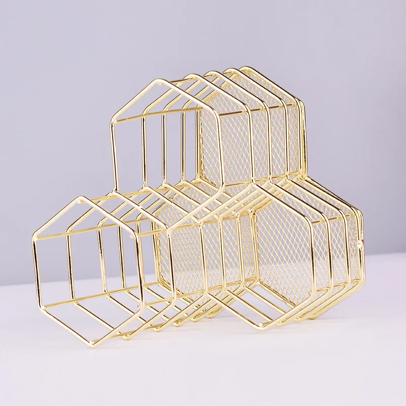 

Office Pen Holder Desk Organizer rhombus rhombus Metal Wired Pencils Brushes Holder School Stationery Storage Gold Color