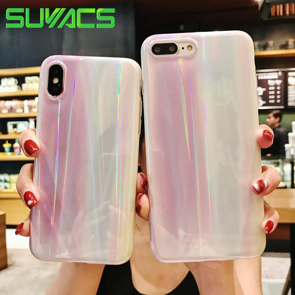 

SUYACS Phone Case For iPhone XR XS Max 6 6S 7 8 Plus X Beautiful White Aurora Holographic Laser Soft IMD Phone Back Cover Cases