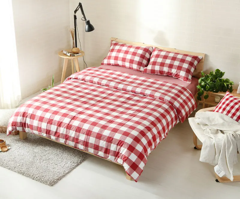 

plaid Yarn Dyed Washed Cotton Duvet Cover Bedding Set luxury egyptian cotton bed set white pink japan style bed cover