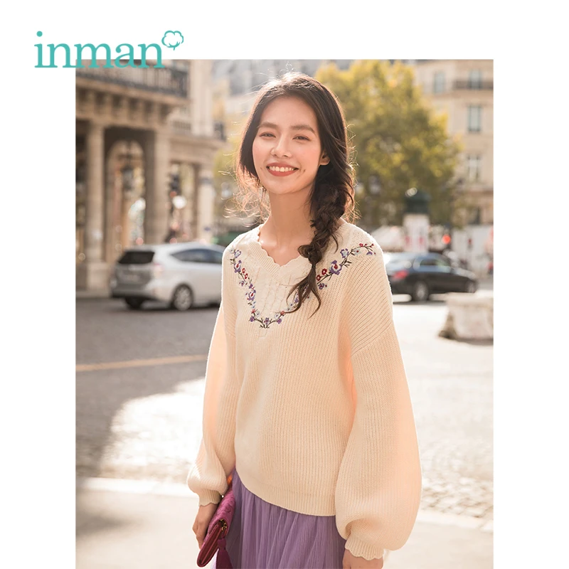 

INMAN Autumn Arrival V Neck Artistic Retro Korean Style Loose Shape Lantern Sleeve Women Pullover Sweater