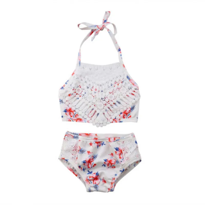 Baby Girl Swimsuit Pink Flower Print Retro Children Swimwear Ruffle
