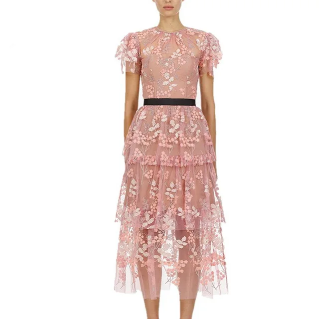 

Elegant Ruffles Short Sleeve Pink Mesh Floral Embroidery Long Party Dress 2019 Summer Women High Quality Self Portrait Dress