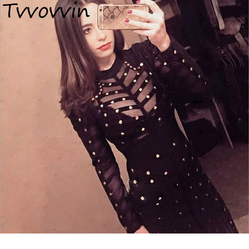 

TVVOVVIN 2019 summer new Sexy Low The Chest Perspective Rivet Self-cultivation Package Buttocks Long Sleeve Full Dress J676