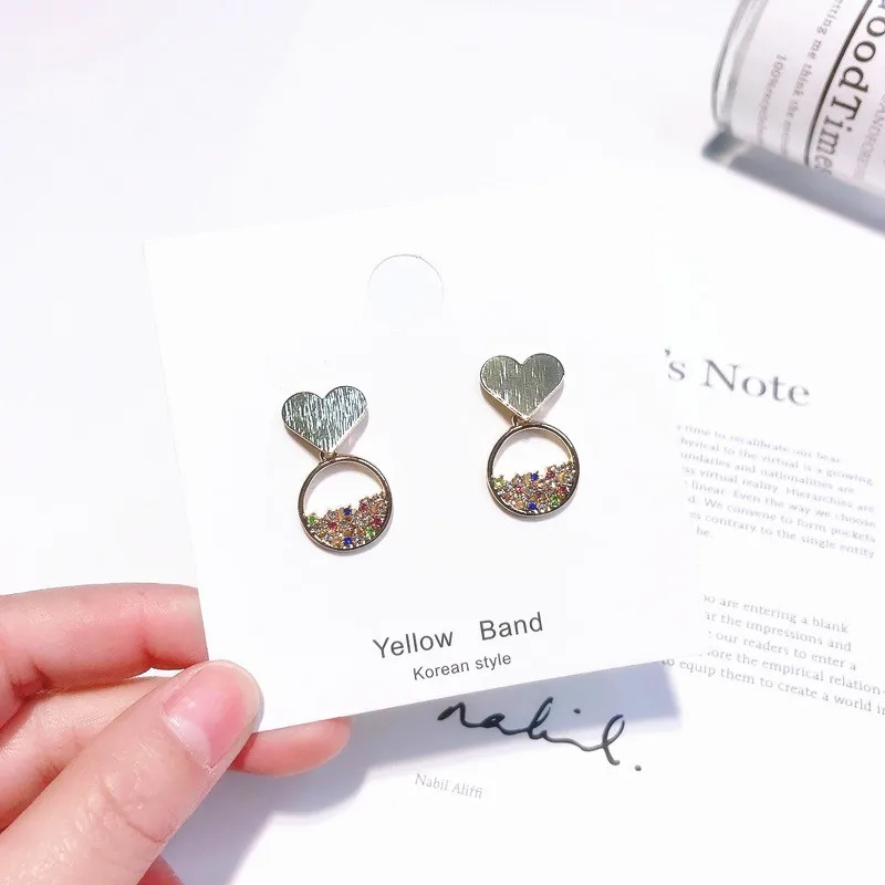 

2019 Korean Colourful Crystal Love Heart Earrings For Girl Alloy Circle Pendant Personality Unique Earings Fashion Jewelry