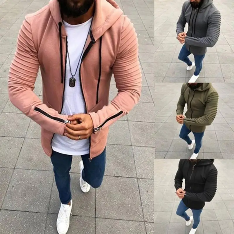 

Men long sleeve Sweatshirt autumn winter Hooded Pleated Fashion Sweatshirt Zipper Solid casual Blouse Slim Fit Drawstring Hoodie