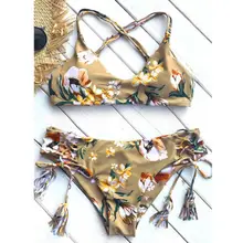 Для женщин бразильский комплект бикини цветочный принт ванный Push Up Мягкий купальник низкая талия купальники для малышек повязк