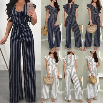 

2019 New Fashion Womens Ladies Striped Clubwear Playsuit Bodysuit Party Jumpsuit Romper Long Trousers Casual