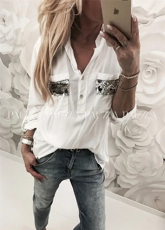 

2019 New Women Sequins White Blouse Long Sleeve Button-Down Low Cut Blouse White Casual Shirt Tops Fashion Clothes