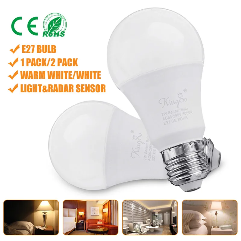 

New 1pcs/2pcs E27 7W Light Control Radar Sensor LED Bulb Dusk to Dawn SMD2835 Pure White/Warm White for Home Porch AC85-265V