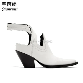 

Qianruiti Black White Shiny Leather Embroidered Cowboy Botines Pointed Toe Chunky Cuban Heel Slingback Ankle Stap Summer Boots