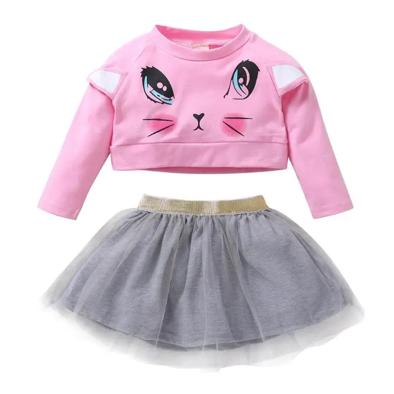 2pcs Autumn Girls Kids Clothing Set Cartoon Cat Crop Tops Tulle Skirt Suit D4