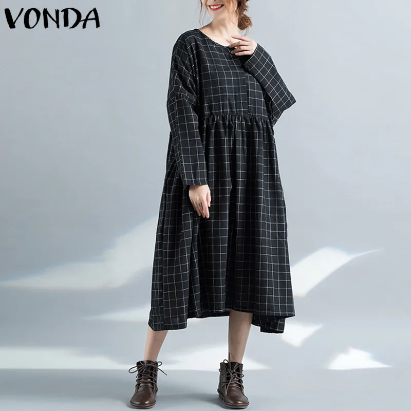 

VONDA Autumn Women Mid-calf Dress Check Casual Loose Tunic Shirt Dress 2019 Pregnant Pleated Plaid Maternity Vestidos Plus Size