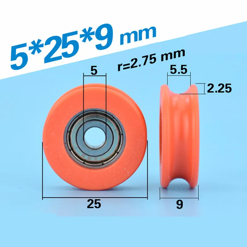 

[U0525-9]10PCS high quality orangre U/V groove concave type guide wire track pulley rail sliding wheel pulley 5*25*9mm 0525UU