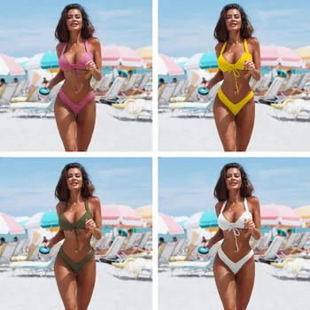 

2020 New Push Up Bikini Women Swimsuit Strappy Bandage Solid Hanging Neck Beachwear Maillot de bain femme Swimwear Bikini Set