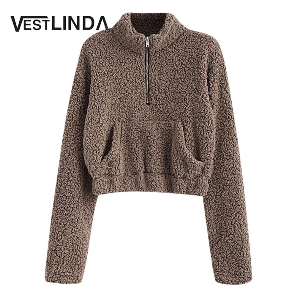 

ZAFUL Half Zip Fluffy Faux Shearling Sweatshirt Women Clothes Front Pocket Stand Collar Long Sleeve Winter Pullover Tops