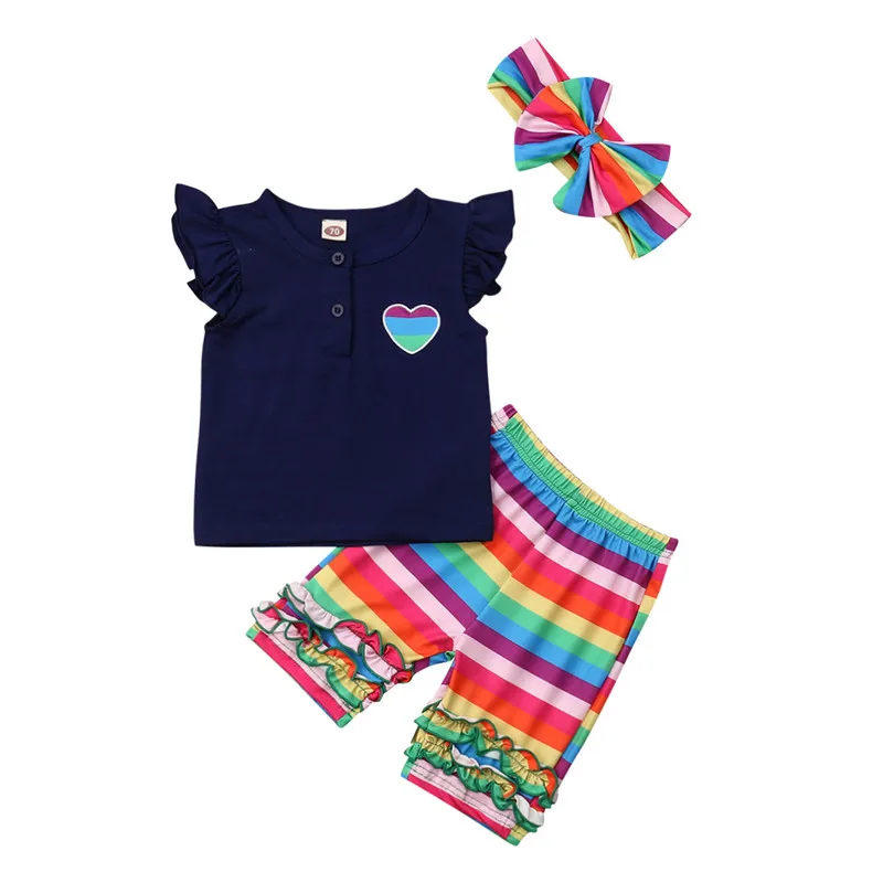 

2019 Toddler Baby Kids Girl Rainbow Clothes Set T-shirt Tops Stripe Pants Outfits Summer
