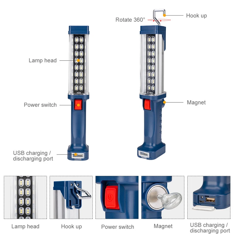 20 Вт COB светодиодный инспекционный светильник фонарь Магнитный ручной работы дома гаража автомобиля Аварийные Фонари с крючками встроенный аккумулятор+ кабель