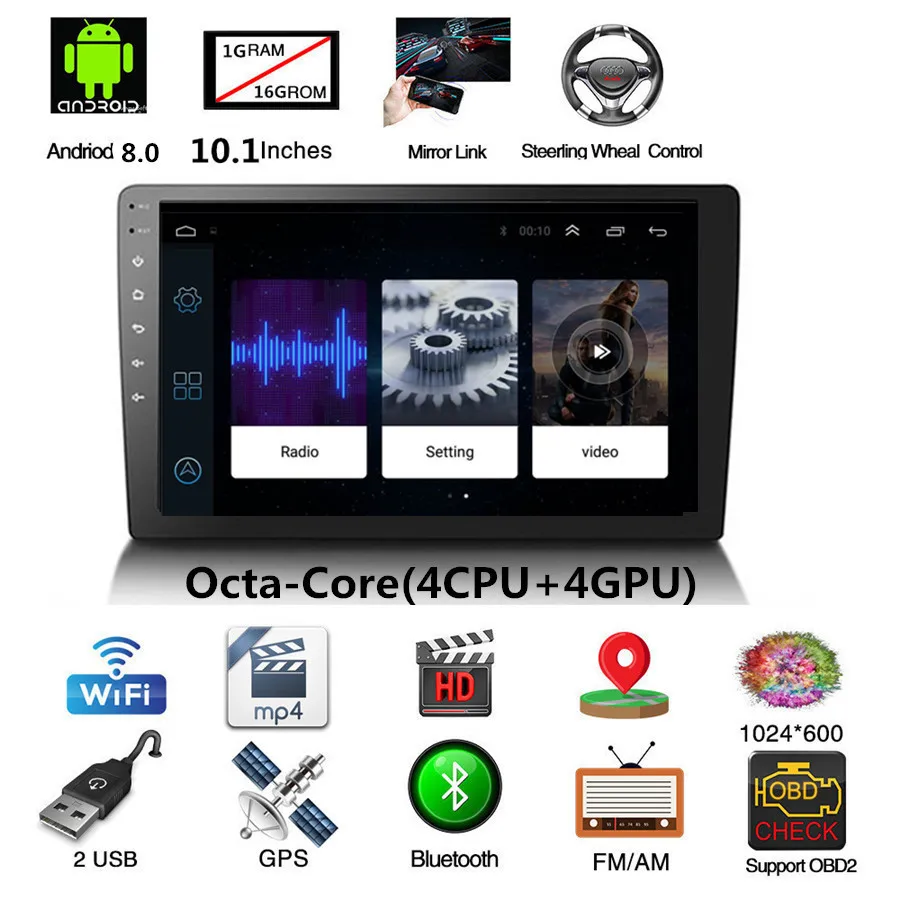 

Universal Ultra-thin Android 8.0 10.1" 1080P Octa-Core 4CPU + 4GPU 1+16G Car Stereo Radio GPS Wifi 3G 4G BT DAB Mirror Link OBD