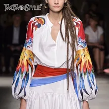Embroidery Patchwork Neck Lantern Sleeve Blouse