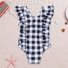 Летний Цельный купальник, клетчатый детский комбинезон, Модный милый комбинезон без рукавов с рюшами, милый купальник для плавания для маленьких девочек