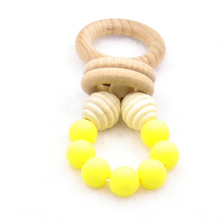 

New Baby Gift Rattle Natural Beech Wooden Toy Silicone BPA Free Teether