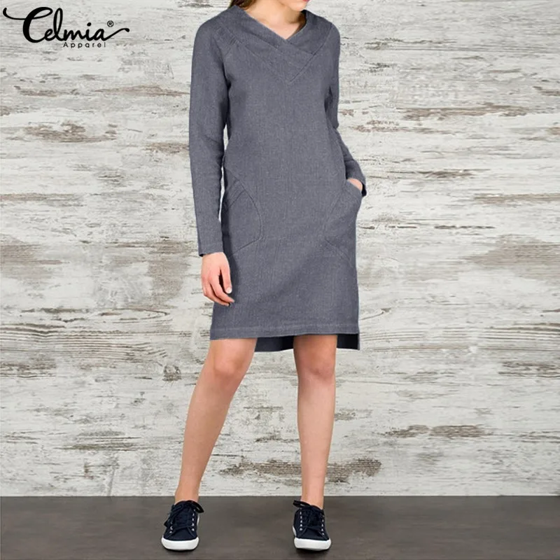 

Celmia Autumn Winter Dress 2019 Women V-neck Long Sleeve Vintage Linen Shirt Dresses Casual Loose Knee-length Vestidos Plus Size