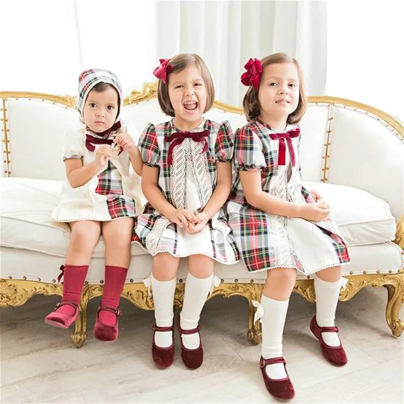 

2019 Vintage Princess Dress Toddler Kids Baby Girls Dress Summer Short Sleeve Lace Plaid Spanish Dresses Baby Girl Clothing