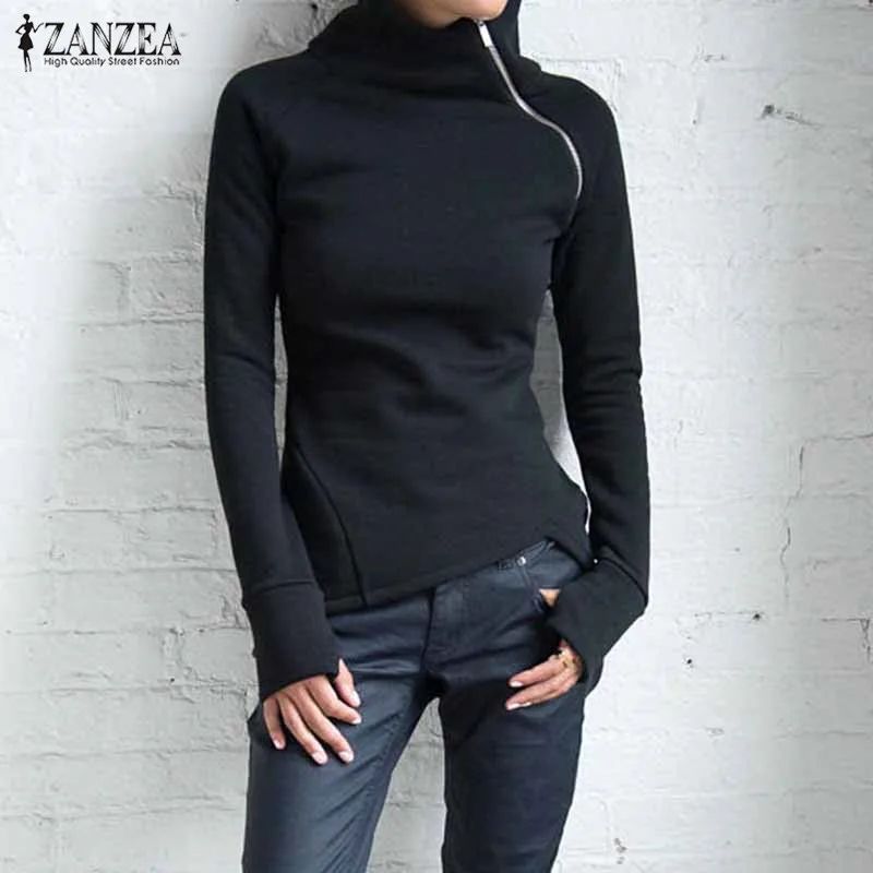  ZANZEA Autumn Hoodies Sweatshirts 2019 Women Casual Solid Long Sleeve Pullover Turtleneck Slim Fit 