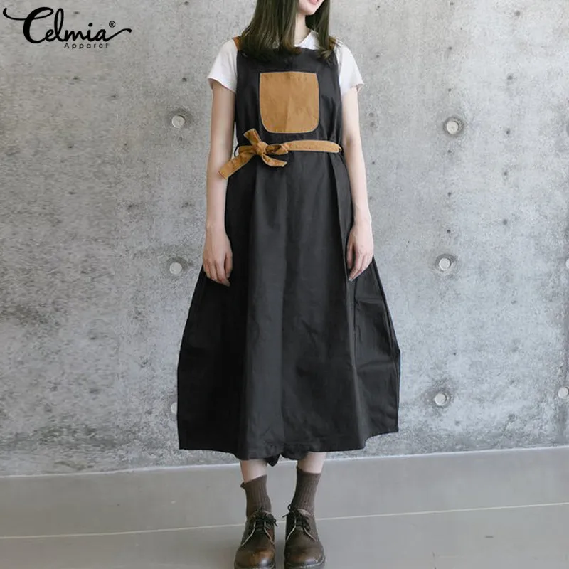 

2019 Celmia Women Vintage Dress Summer Strap Casual Loose Pockets Patchwork Overalls Dresses With Belted Plus Size Midi Pinafore